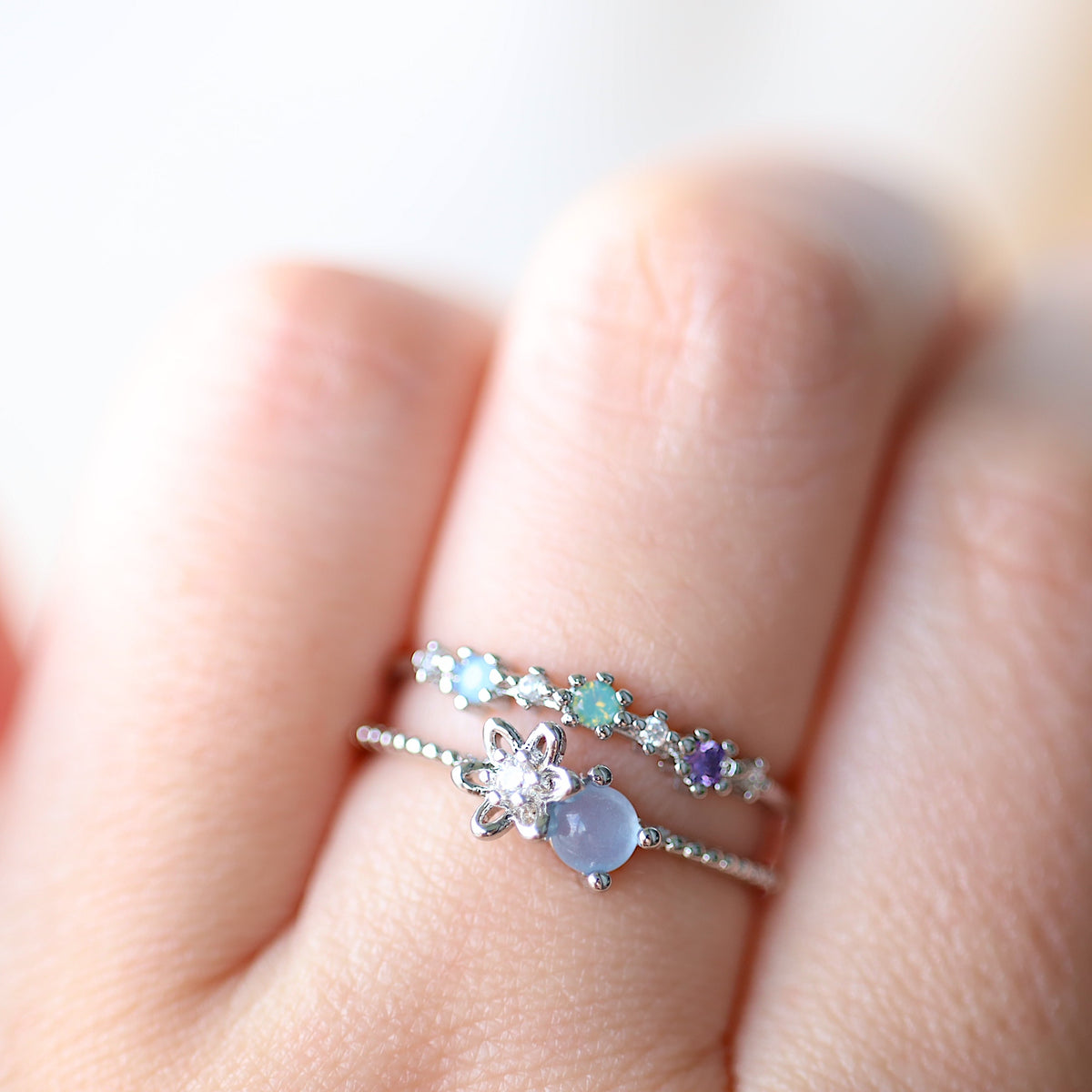 Silver Double Band Flower Ring