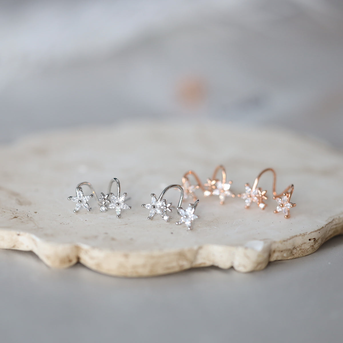 Silver Flower Ear Cuffs Studs