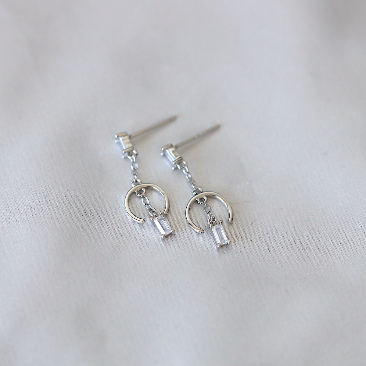 Silver C Curve CZ Drop Earrings