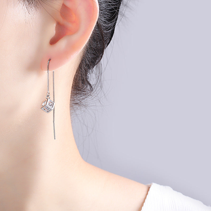 Cube Crystal Drop Threader Earrings