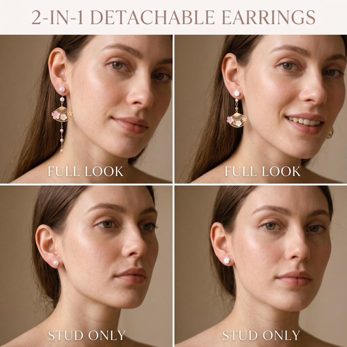 2 in 1 detachable cherry blossom earrings full look and stud only