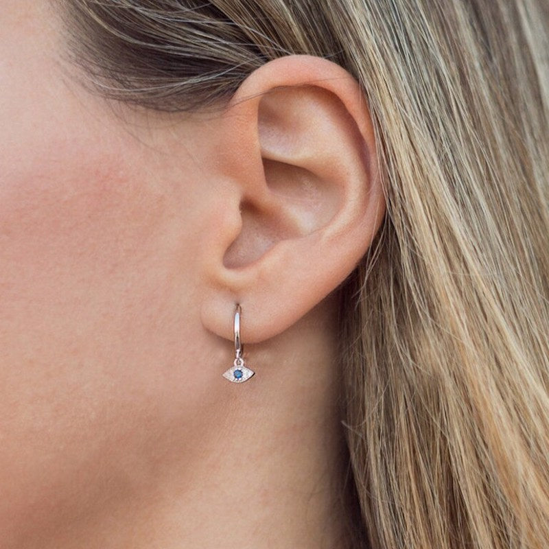 Silver Evil Eye Huggies Earrings