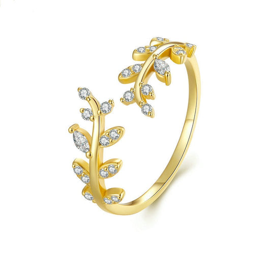Gold Olive Leaves CZ Ring