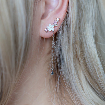 White Flower Dangle Ear Climber Earrings