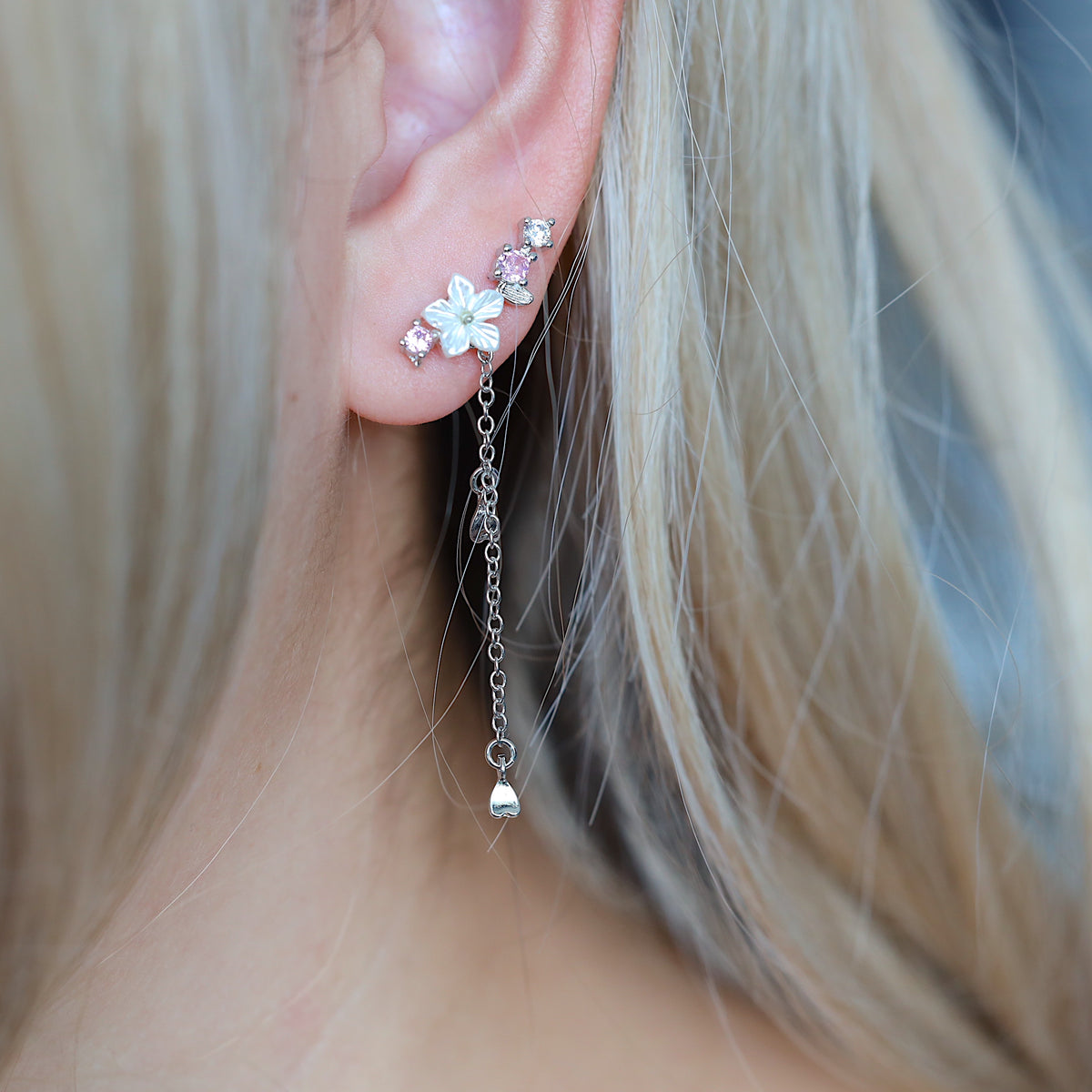 White Flower Dangle Ear Climber Earrings