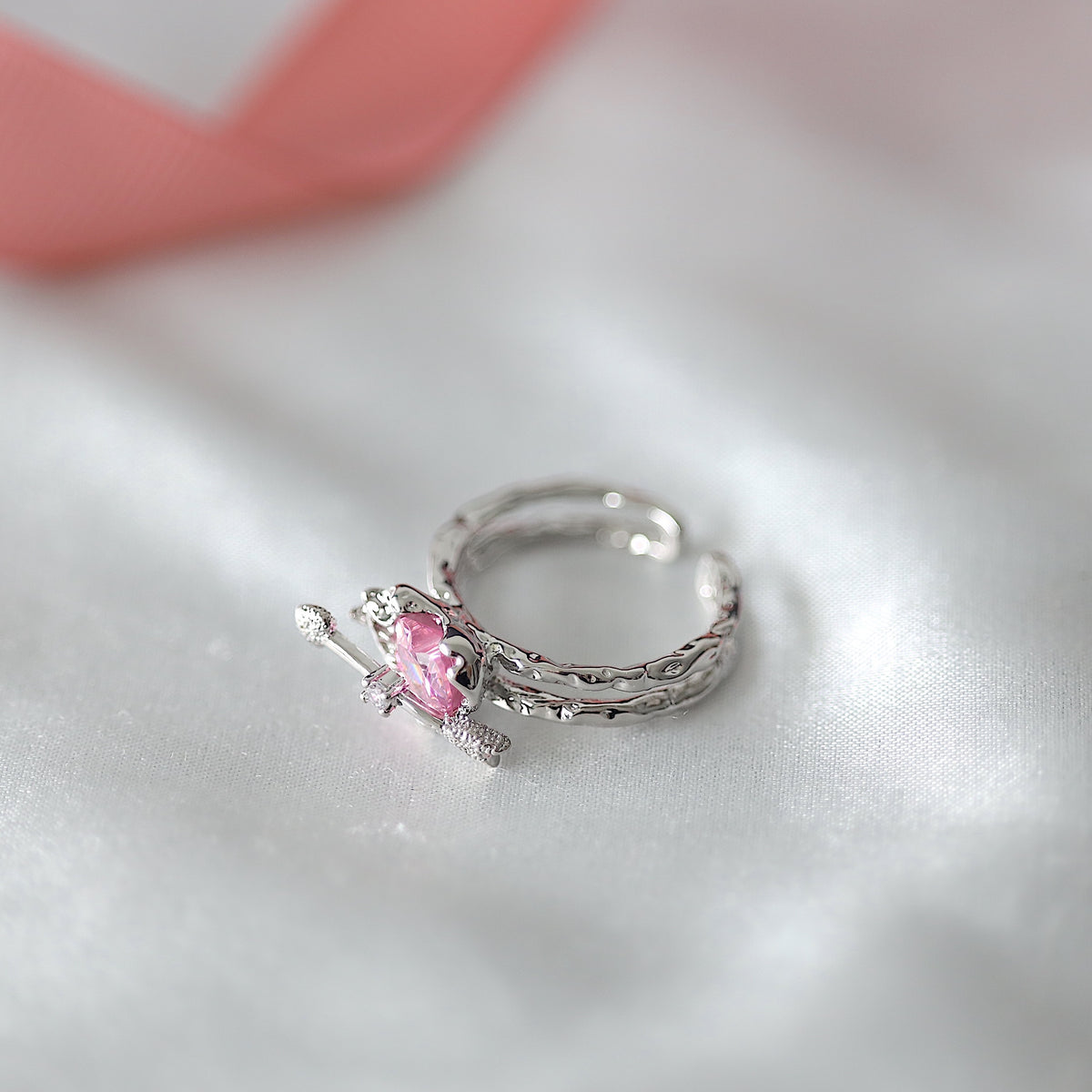 Metallic Pink Heart Arrow Ring