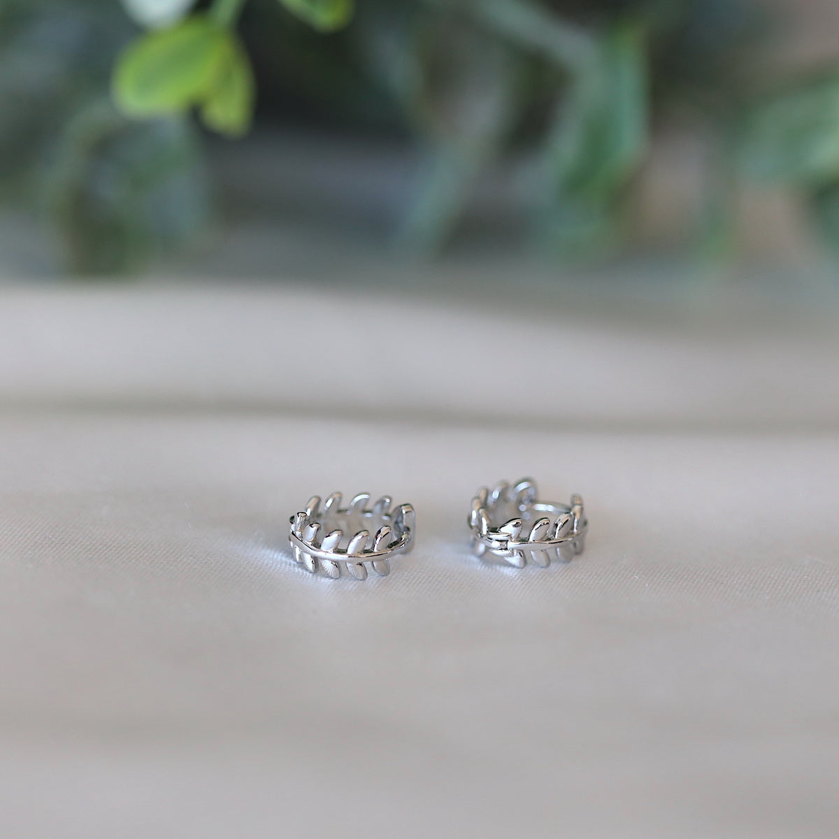 Silver Leaves Huggies Earrings