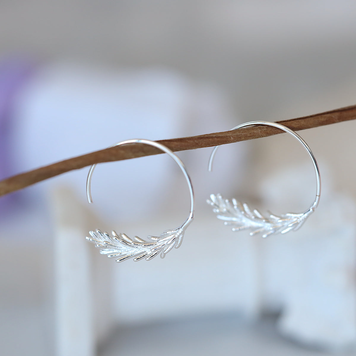 Silver Feather Hoop Earrings