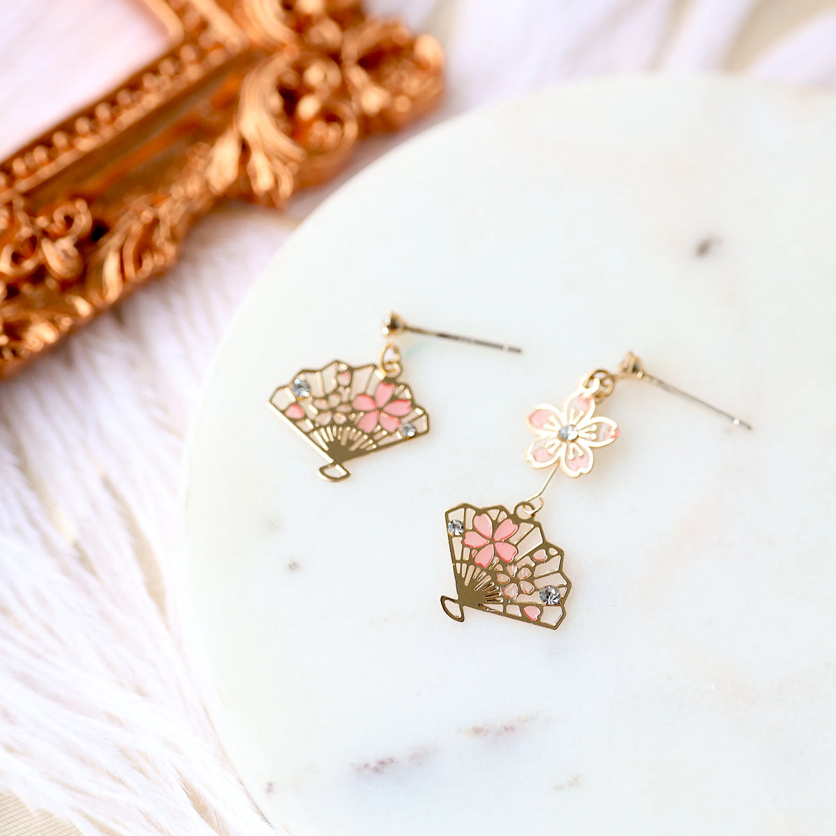 Pink Flower Sakura Fan Earrings