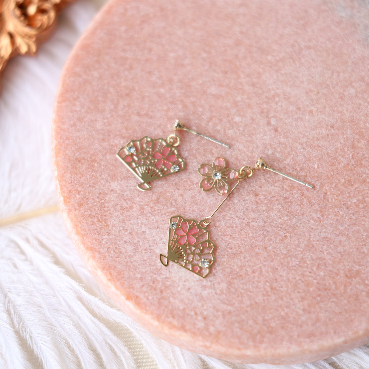 Pink Flower Sakura Fan Earrings