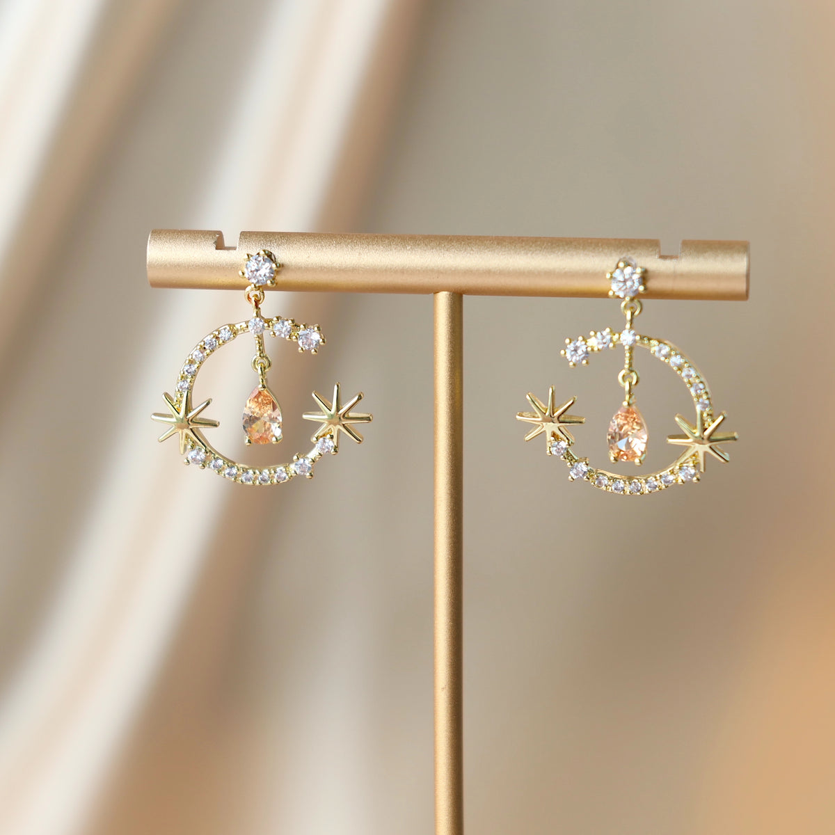 Gold CZ Moon Dangle Earrings