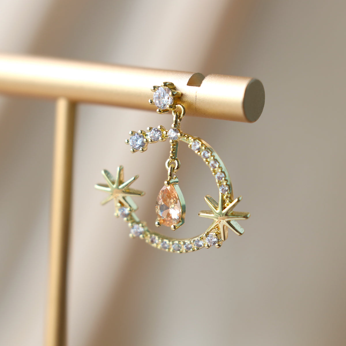 Gold CZ Moon Dangle Earrings