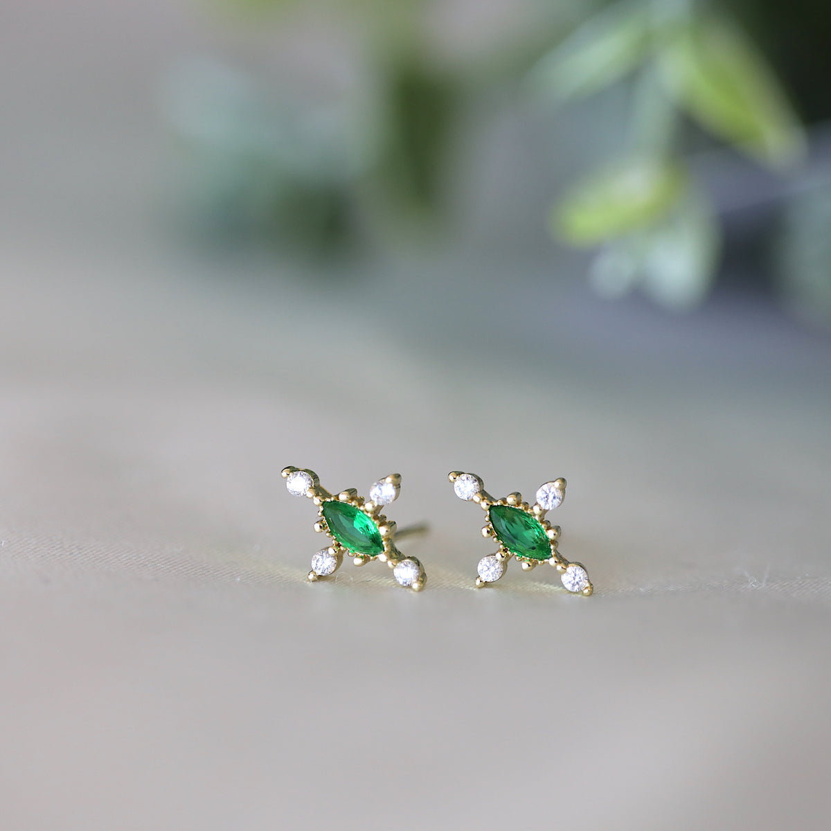 Emerald Gem Cross Ear Studs