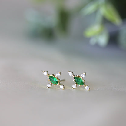 Emerald Gem Cross Ear Studs
