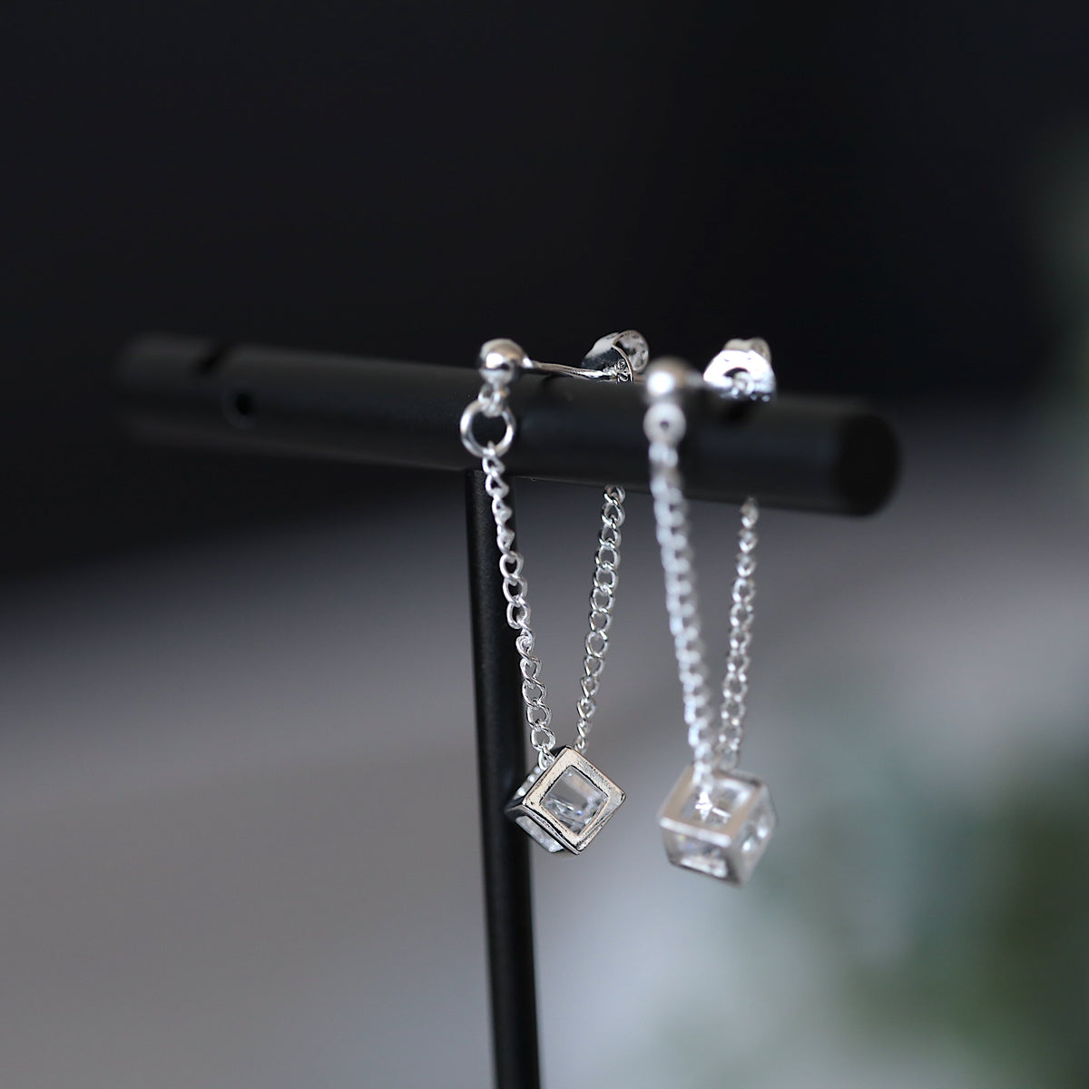 Silver Cube Drop Chain Earrings