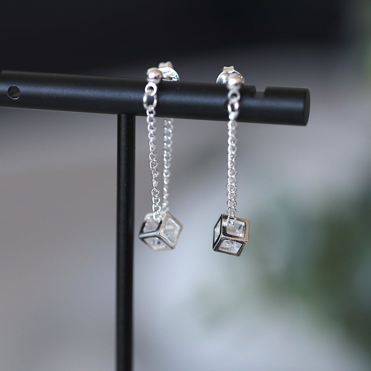 Silver Cube Drop Chain Earrings