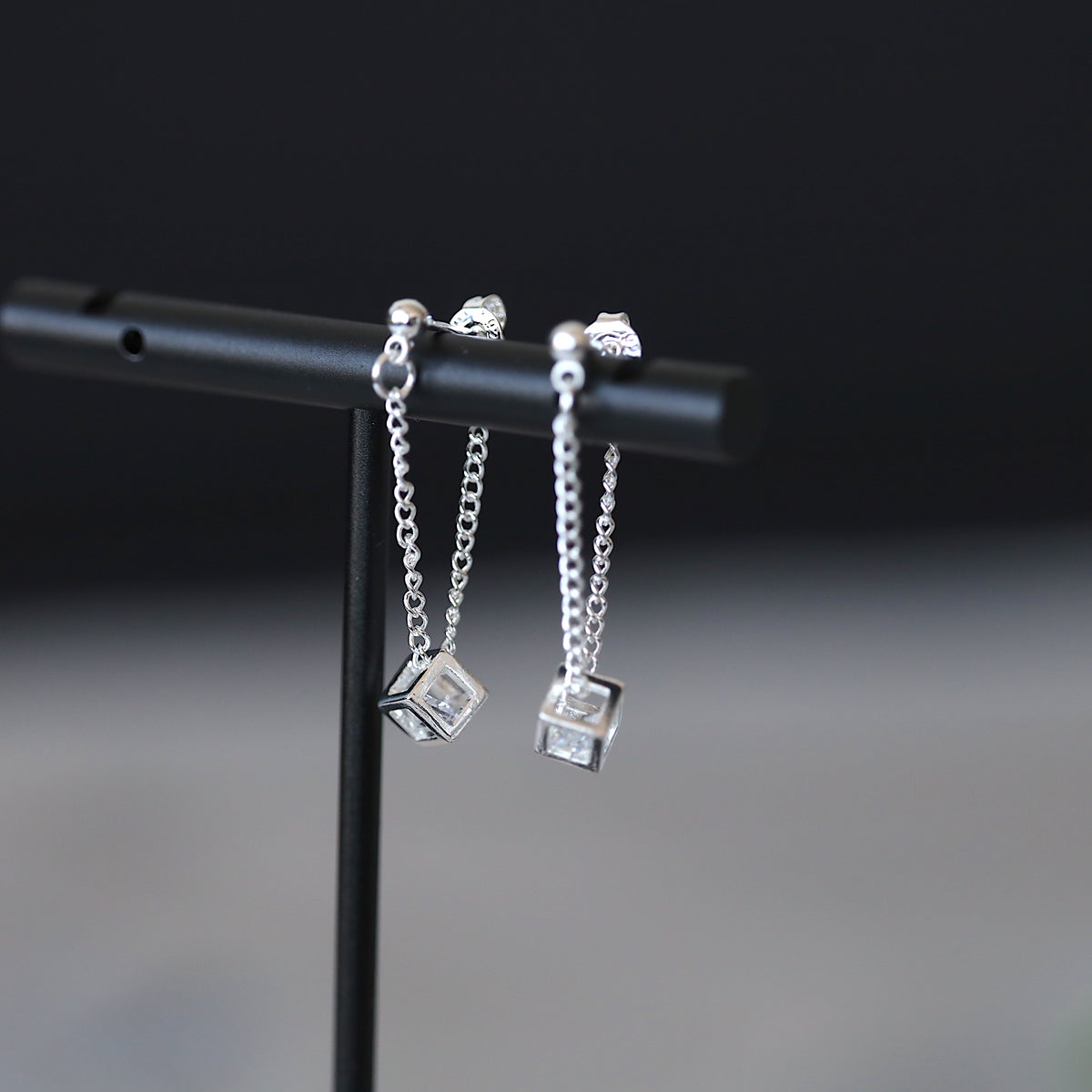 Silver Cube Drop Chain Earrings