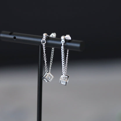 Silver Cube Drop Chain Earrings