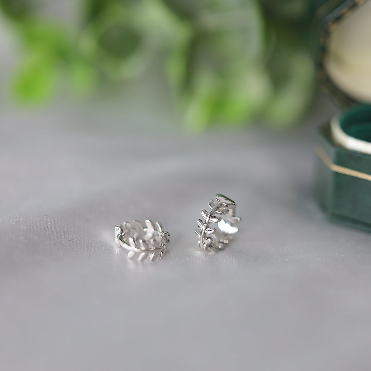 Silver Leaves Huggies Earrings