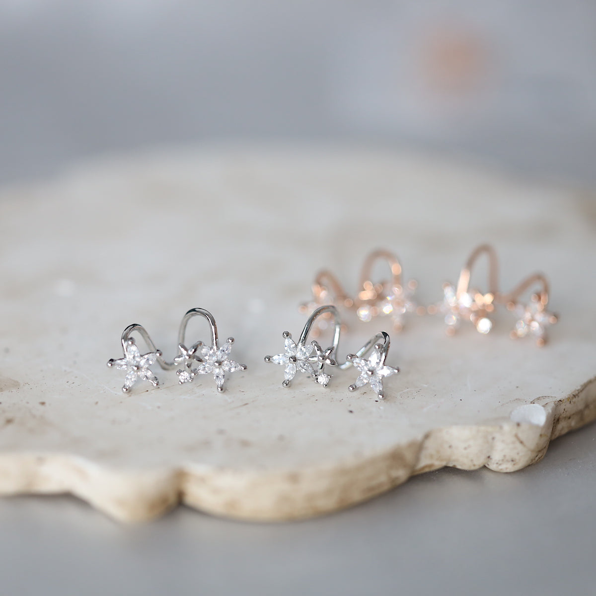 Silver Flower Ear Cuffs Studs