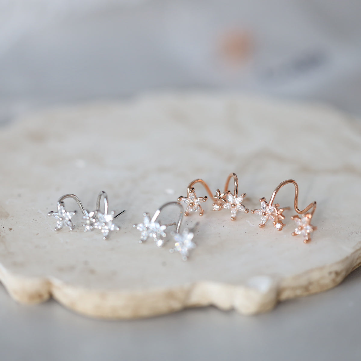 Silver Flower Ear Cuffs Studs