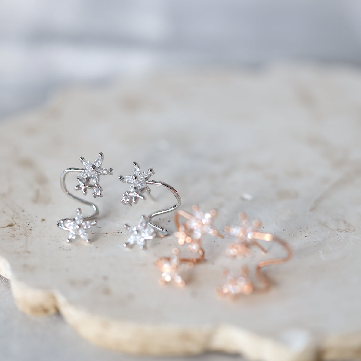 Silver Flower Ear Cuffs Studs