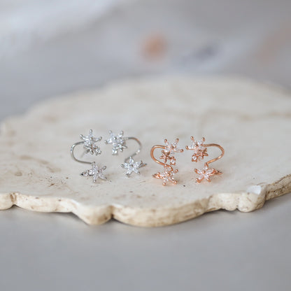 Silver Flower Ear Cuffs Studs