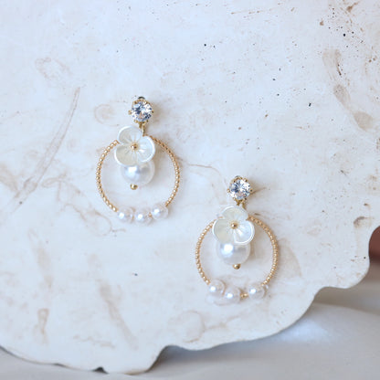White Flower Hoop Earrings