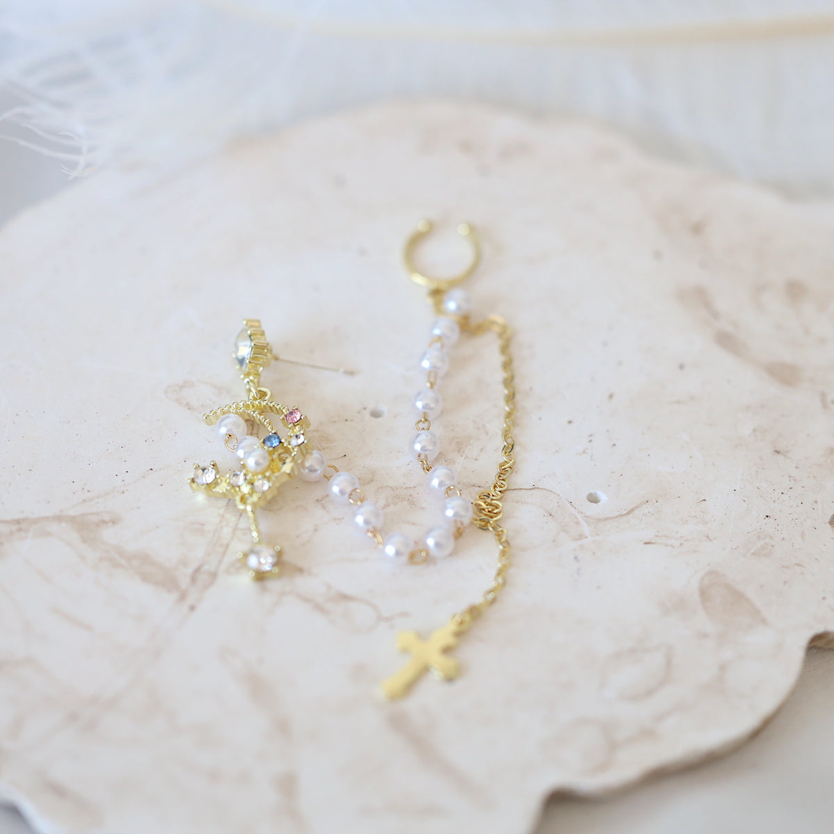 Gold Moon Ear Cuff Cross Dangle Earrings