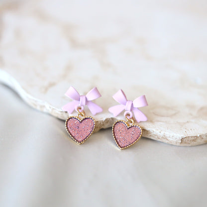 Pink Bow Heart Earrings