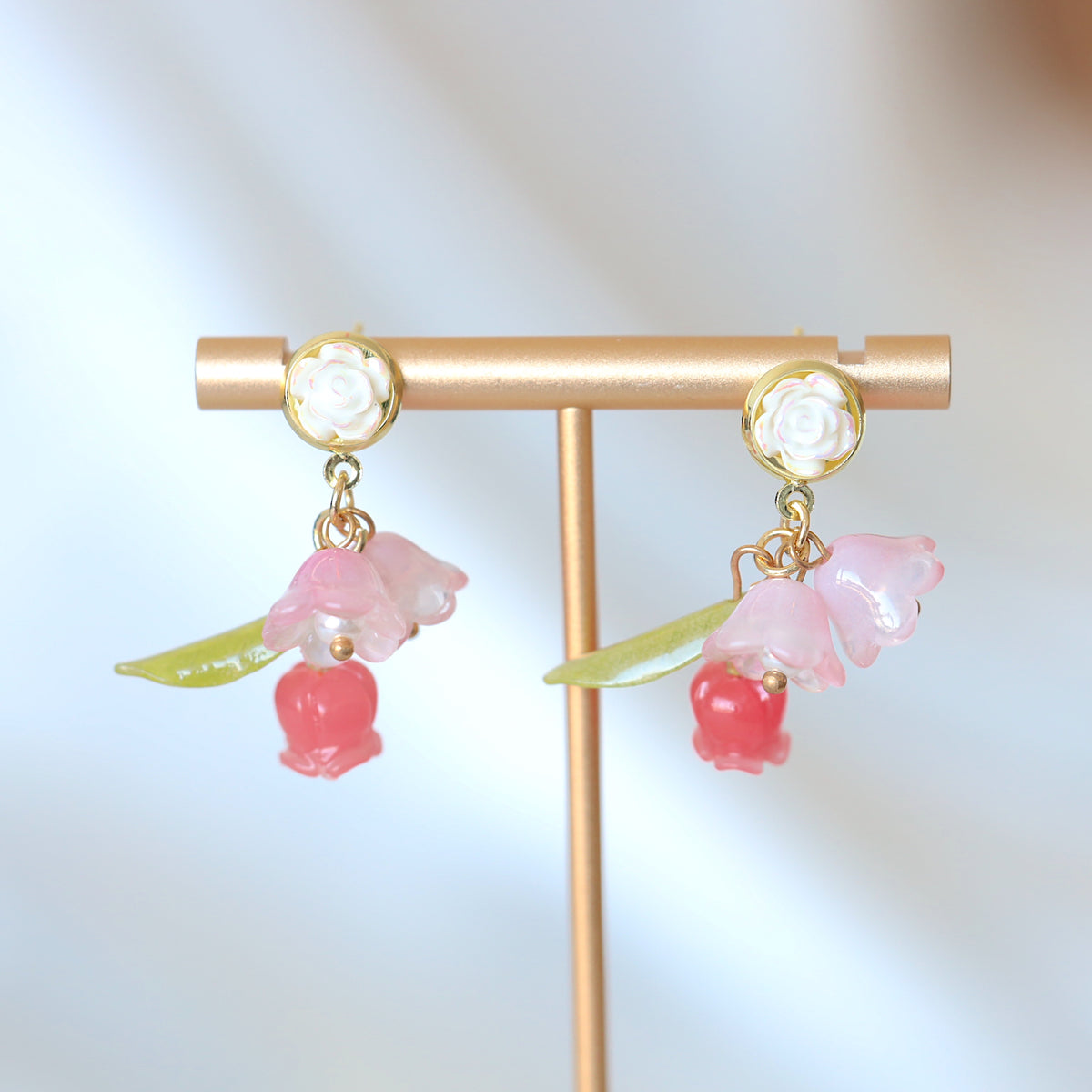 Pink Rose Flower Dangle Earrings