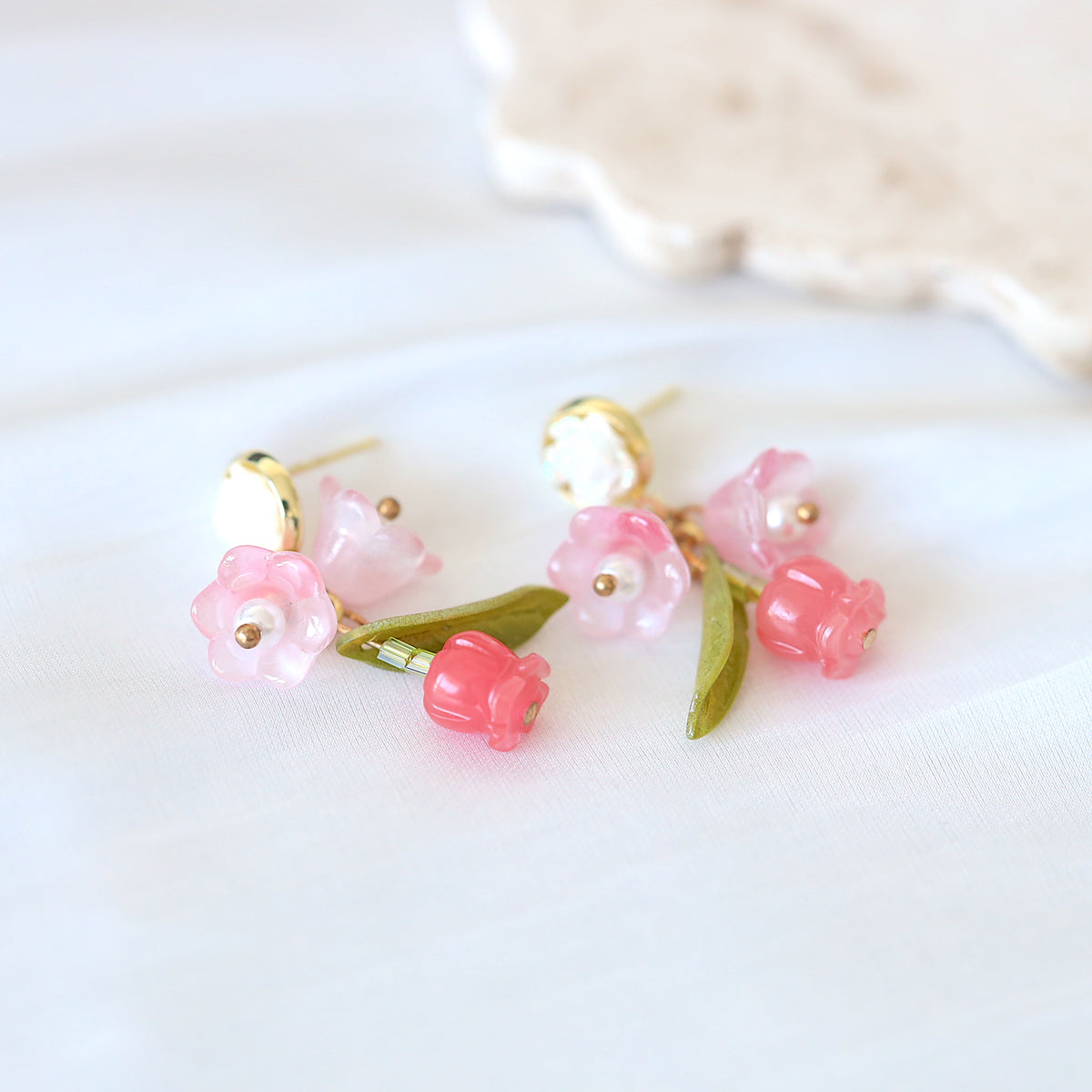 Pink Rose Flower Dangle Earrings