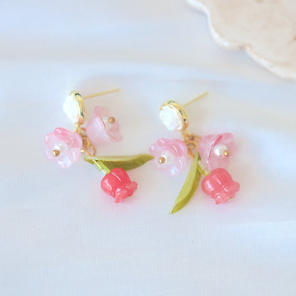 Pink Rose Flower Dangle Earrings