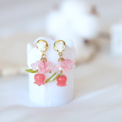 Pink Rose Flower Dangle Earrings