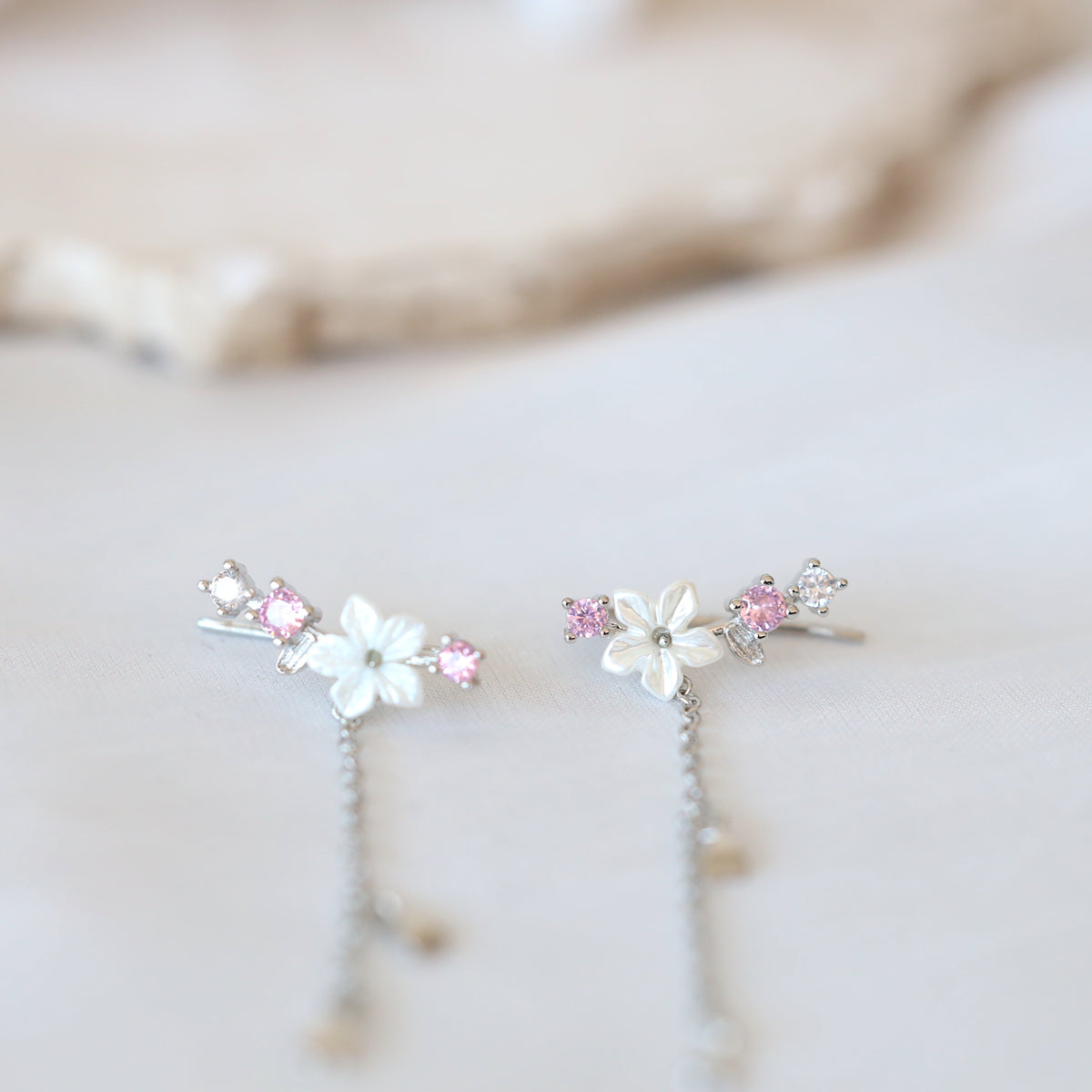 White Flower Dangle Ear Climber Earrings