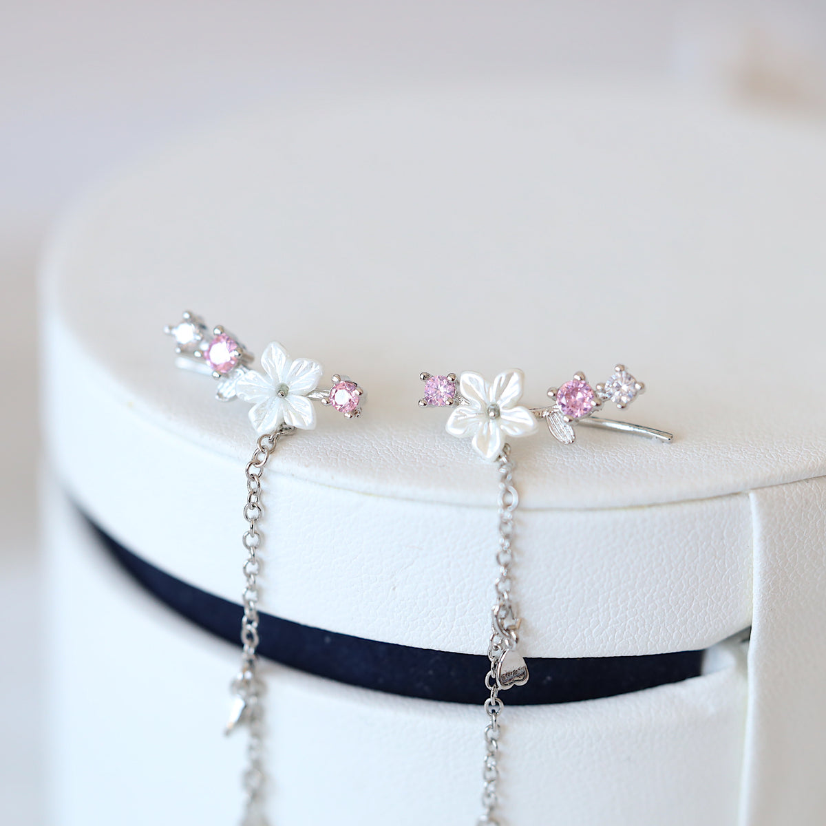 White Flower Dangle Ear Climber Earrings