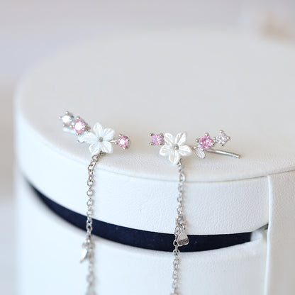 White Flower Dangle Ear Climber Earrings