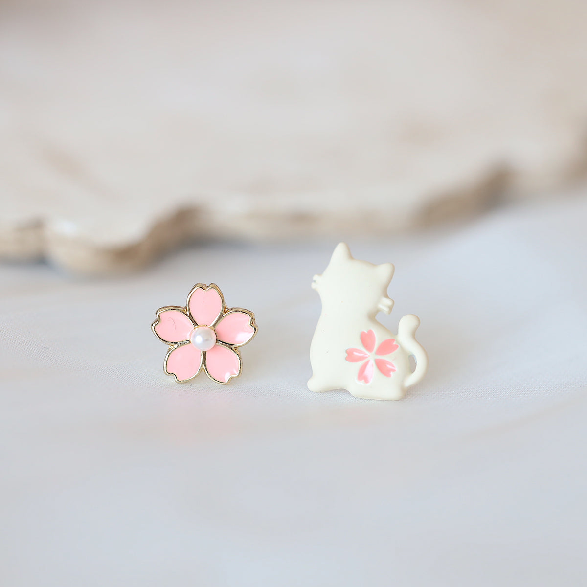 Cat and Sakura Ear Studs