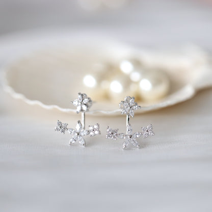 Silver Flower Ear Jacket Earrings