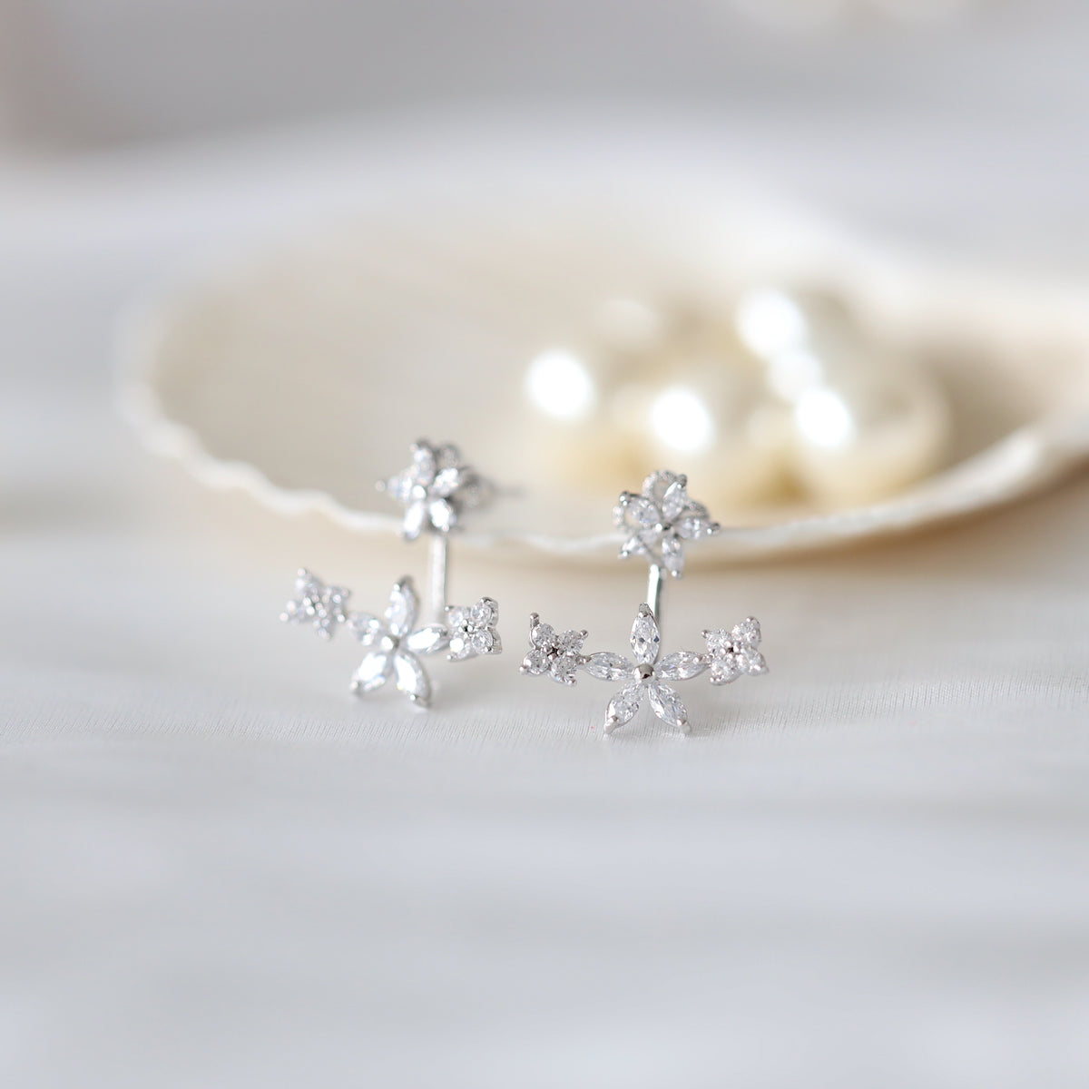 Silver Flower Ear Jacket Earrings