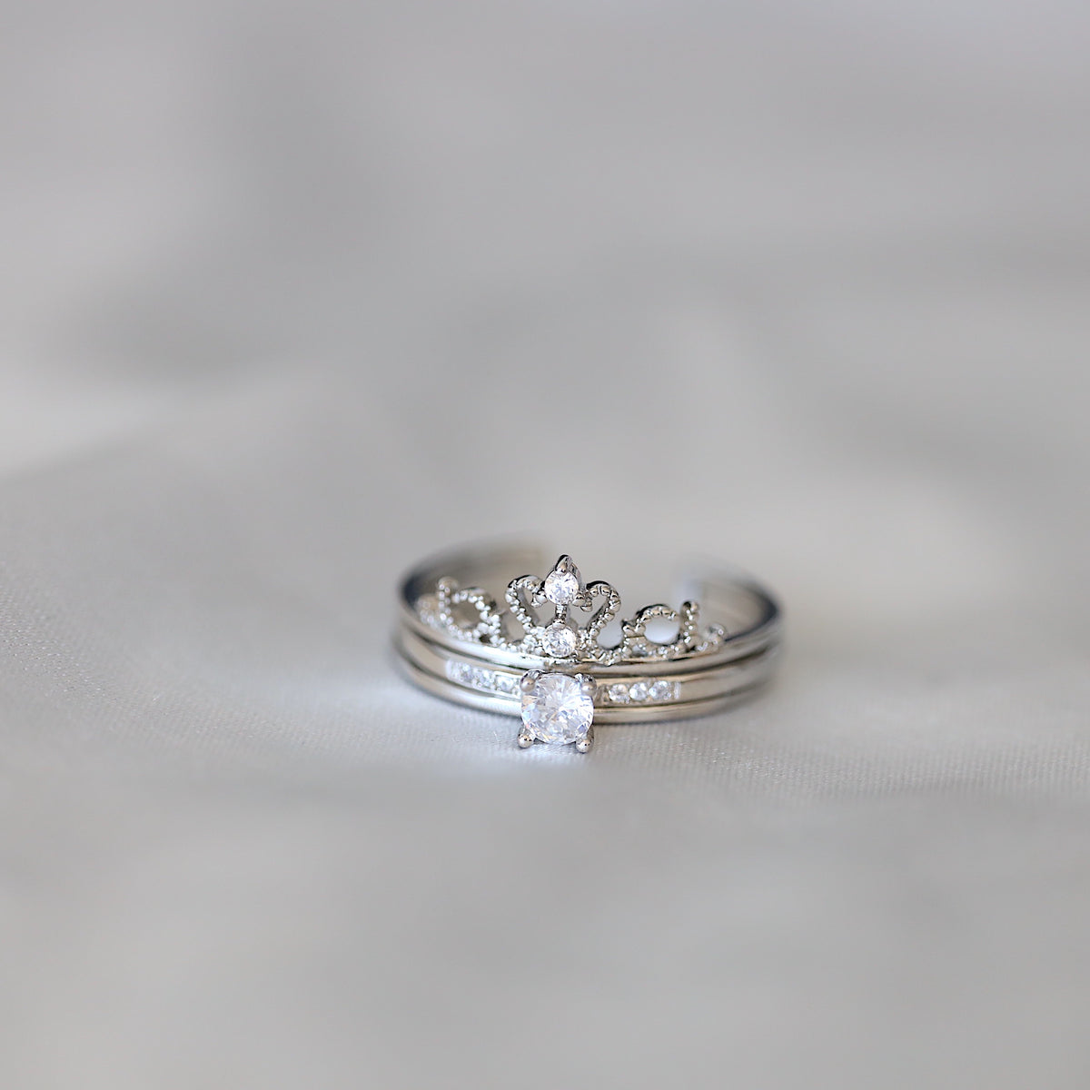 Set of Two Silver Crown Diamond Rings