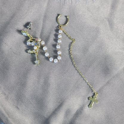 Gold Moon Ear Cuff Cross Dangle Earrings