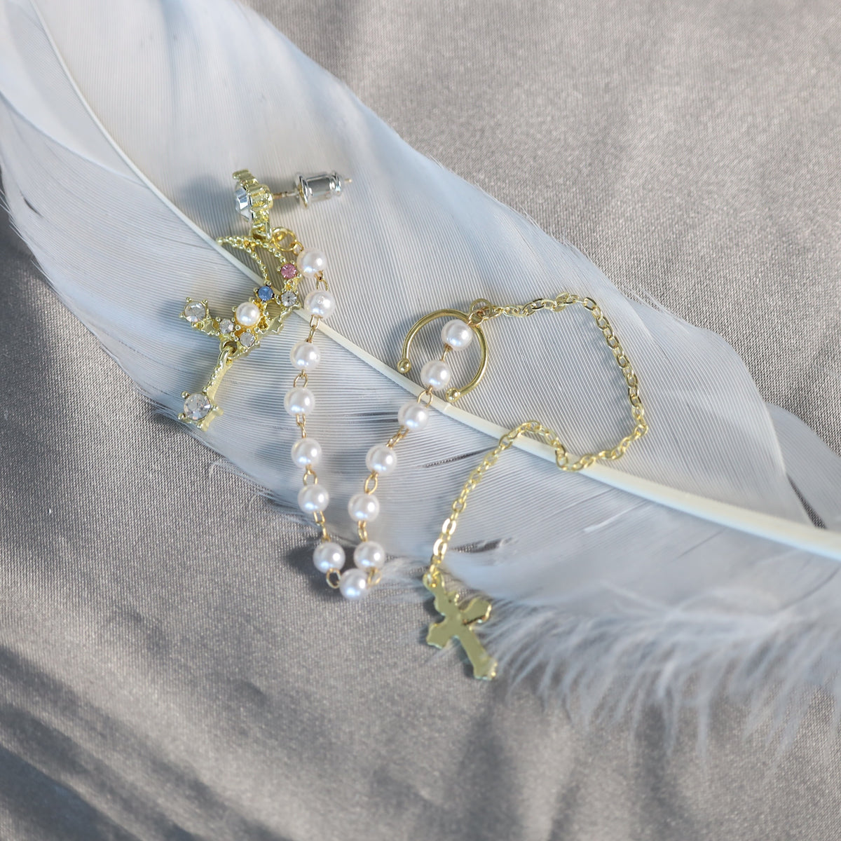 Gold Moon Ear Cuff Cross Dangle Earrings