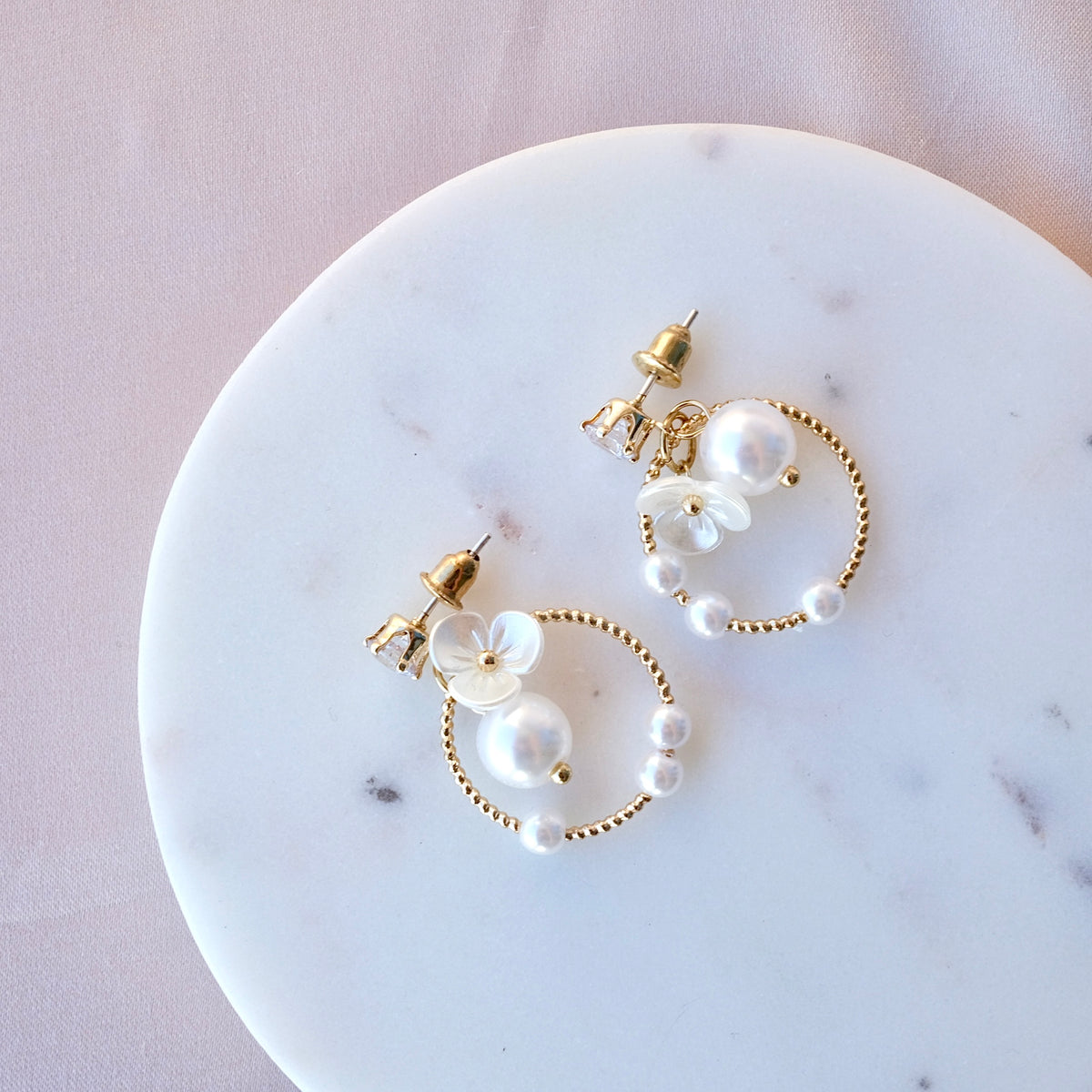 White Flower Hoop Earrings