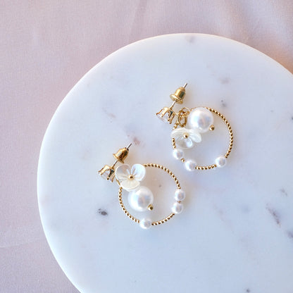 White Flower Hoop Earrings