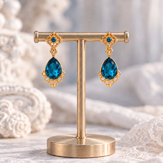 Blue Teardrop Earrings – Vintage Gold Filigree Crystal Drop Earrings