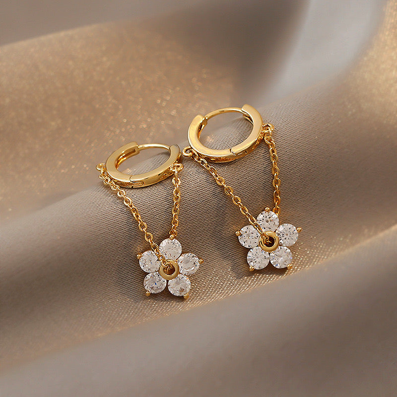 Gold Flower Hoop Dangle Chain Earrings