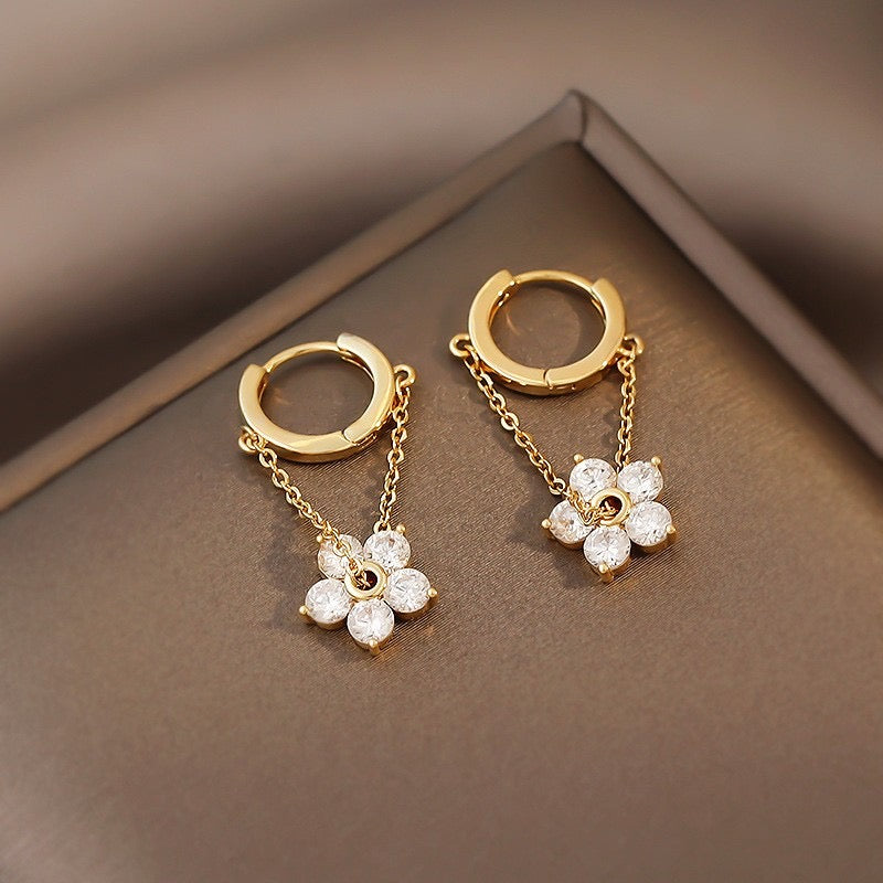 Gold Flower Hoop Dangle Chain Earrings
