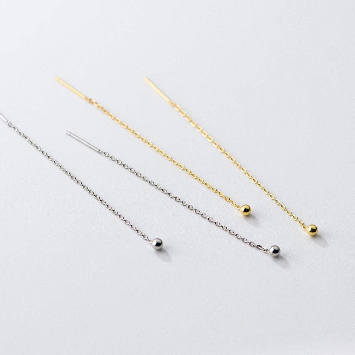 Silver Ball Drop Chain Threader Earrings