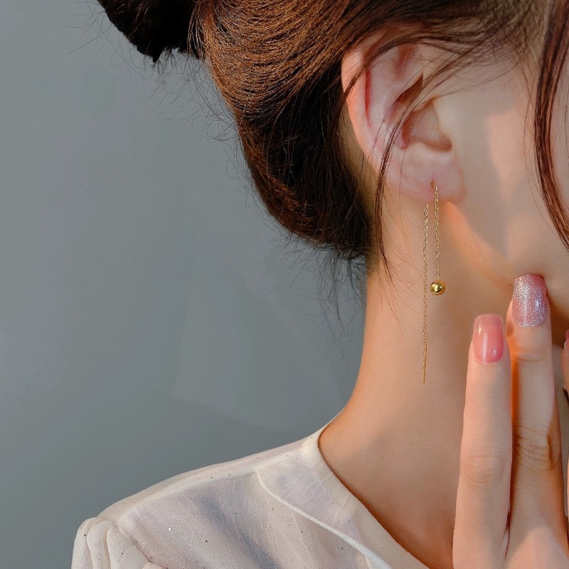 Silver Ball Drop Chain Threader Earrings